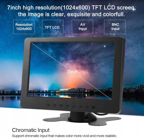 MONITOR SAMOCHODOWY DO KAMERY COFANIA 7" DECOOLER TFT LCD 16:9 1024x600