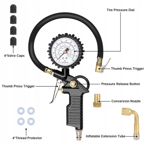 PISTOLET DO POMPOWANIA KÓŁ Z MANOMETREM 220PSI 16 BAR