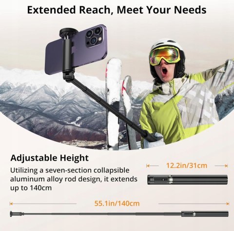 SELFIE STICK KIJEK DO KAMERY STATYW TRIPOD BLUETOOTH 140CM ATUMTEK