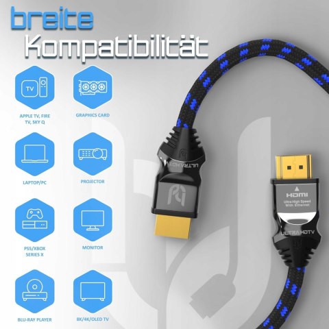 KABEL PRZEJŚCIÓWKA HDMI 2.1 ULTRA HDTV HDMI 2.1 OPLOT 1M 48Gb/s KABEL PRZEJŚCIÓWKA HDMI 2.1 ULTRA HDTV HDMI 2.1 OPLOT 1M 48Gb/s