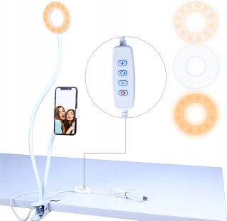 LAMPA PIERŚCIENIOWA RING LED Z KLIPSEM BIURKOWA GĘSIA SZYJA BIAŁA AGM