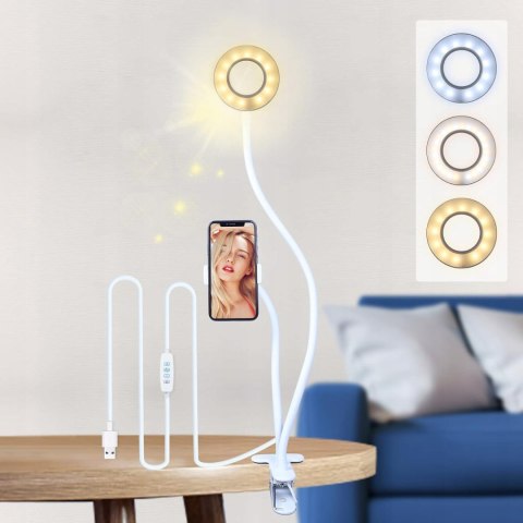 LAMPA PIERŚCIENIOWA RING LED Z KLIPSEM BIURKOWA GĘSIA SZYJA BIAŁA AGM