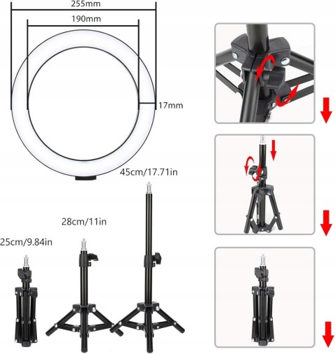 LAMPA PIERŚCIENIOWA MAKIJAŻ RING USB 10'' + STATYW UCHWYT NA TELEFON