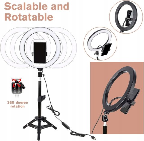 LAMPA PIERŚCIENIOWA MAKIJAŻ RING USB 10'' + STATYW UCHWYT NA TELEFON