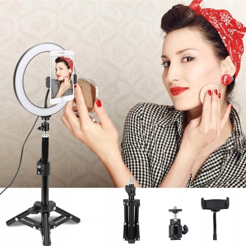 LAMPA PIERŚCIENIOWA MAKIJAŻ RING USB 10'' + STATYW UCHWYT NA TELEFON