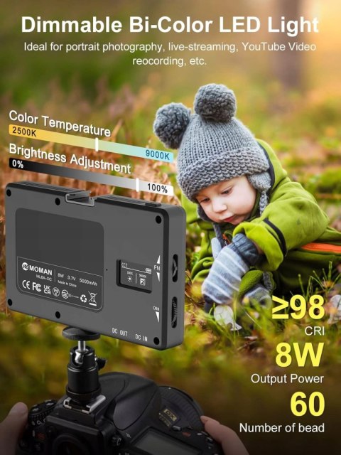 MAŁA LAMPA FOTOGRAFICZNA LED DO APARATU MOMAN ML8A-DC