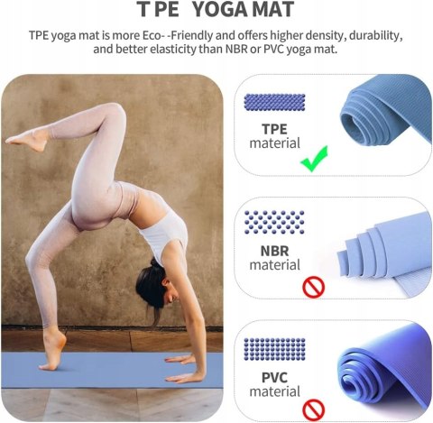 MATA DO ĆWICZEŃ FITNESS JOGA PILATES 183x61x0,6CM TPE OAK&TEA NIEBIESKA