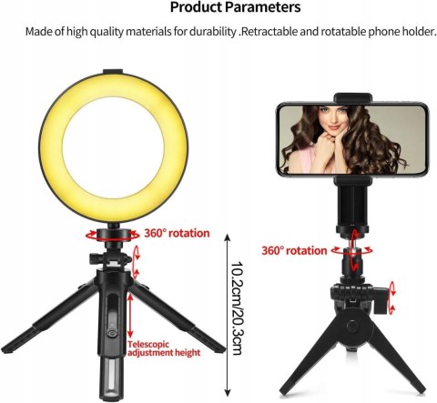 LAMPA PIERŚCIENIOWA LED RGB USB 6'' + MINI STATYW PILOT UCHWYT NA TELEFON