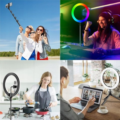 LAMPA PIERŚCIENIOWA LED RING RGB 12'' + PILOT UCHWYT NA TELEFON