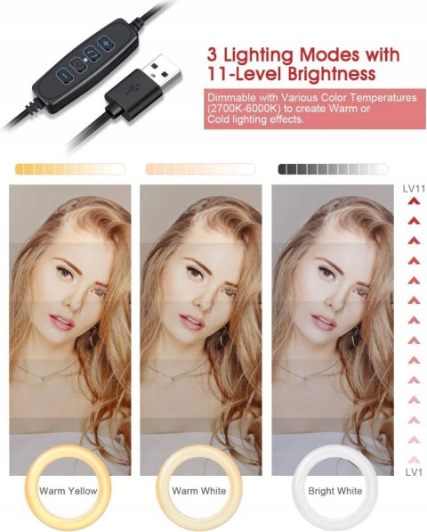 LAMPA PIERŚCIENIOWA MAKIJAŻ RING USB 10'' + STATYW UCHWYT NA TELEFON PILOT