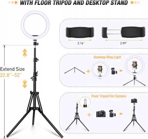 LAMPA PIERŚCIENIOWA MAKIJAŻ RING USB 10'' + STATYW UCHWYT NA TELEFON PILOT