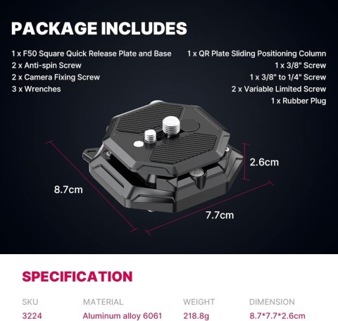 SZYBKOZŁĄCZKA PŁYTKA MONTAŻOWA FALCAM F50 1/4" 3/8" MANFROTTO 501