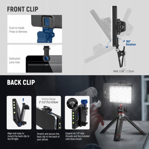 LAMPA LED RGB DO SELFIE TELEFONU LAPTOPA APARATU NEEWER VL67C Z KLIPSEM