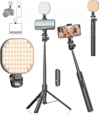 SELFIE STICK KIJEK DO KAMERY TELEFONU STATYW TRIPOD 155CM + LAMPA LED