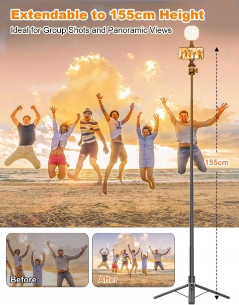 SELFIE STICK KIJEK DO KAMERY TELEFONU STATYW TRIPOD 155CM + LAMPA LED