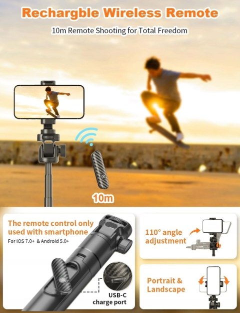 SELFIE STICK KIJEK DO KAMERY TELEFONU STATYW TRIPOD 155CM + LAMPA LED